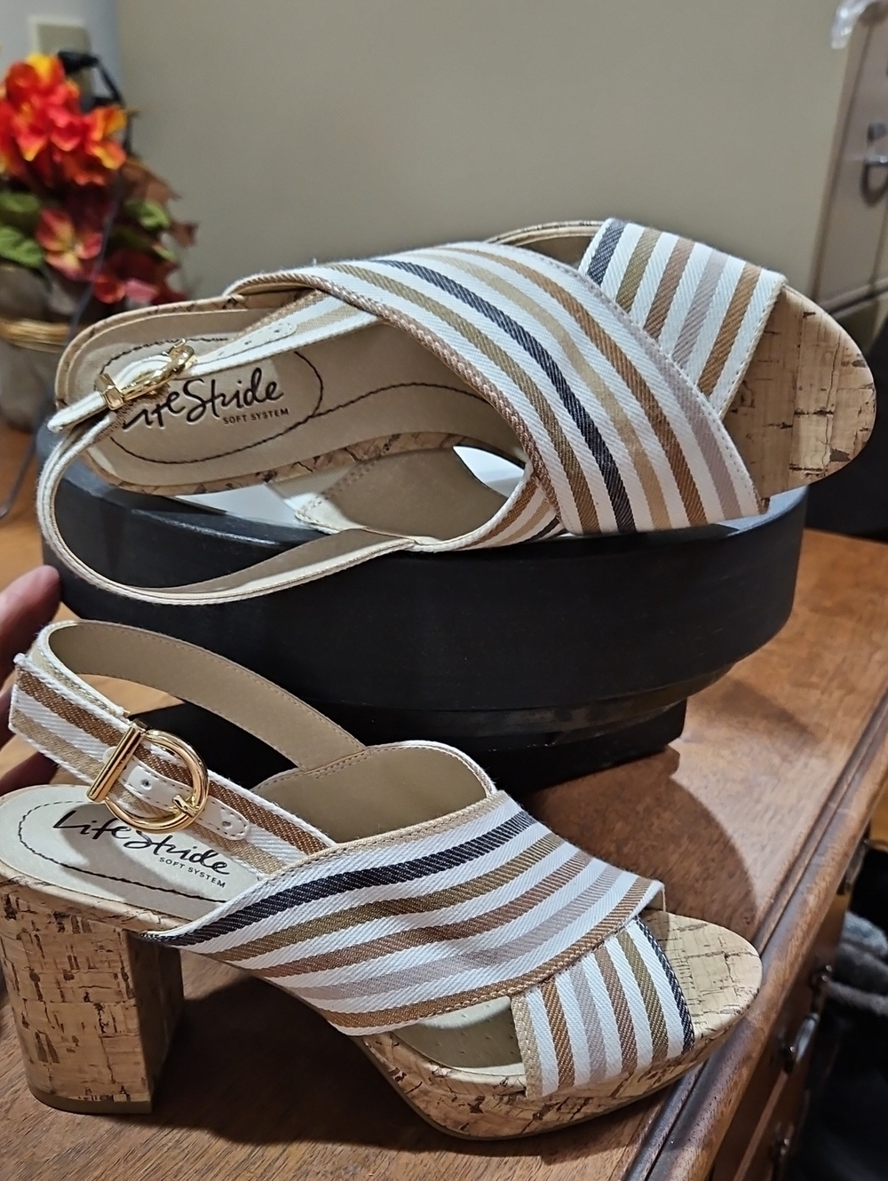 Life Stride White, Tan & Brown Striped Cork Platform Sandals